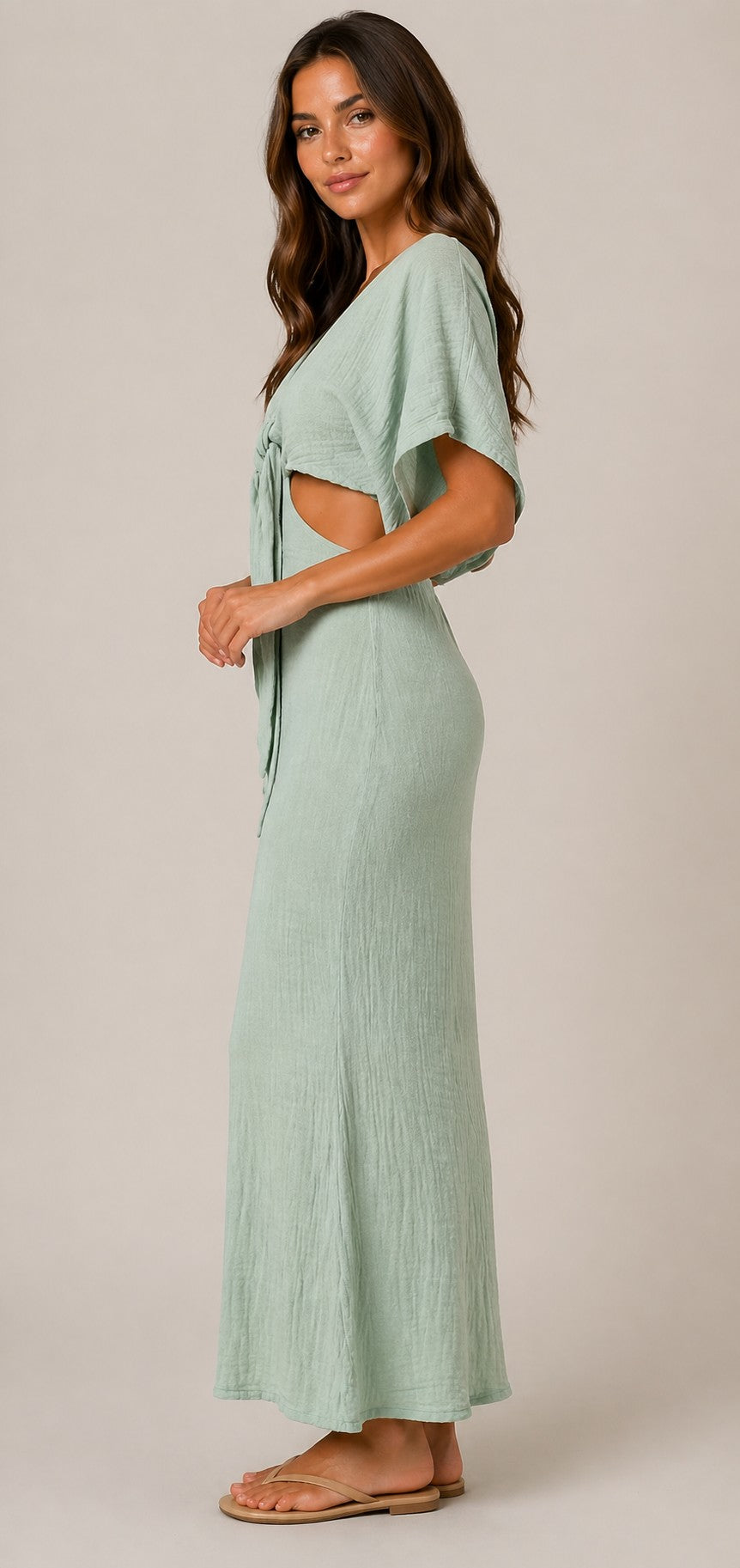 Women’s V-Neck Tie Front Cut-Out Maxi Dress