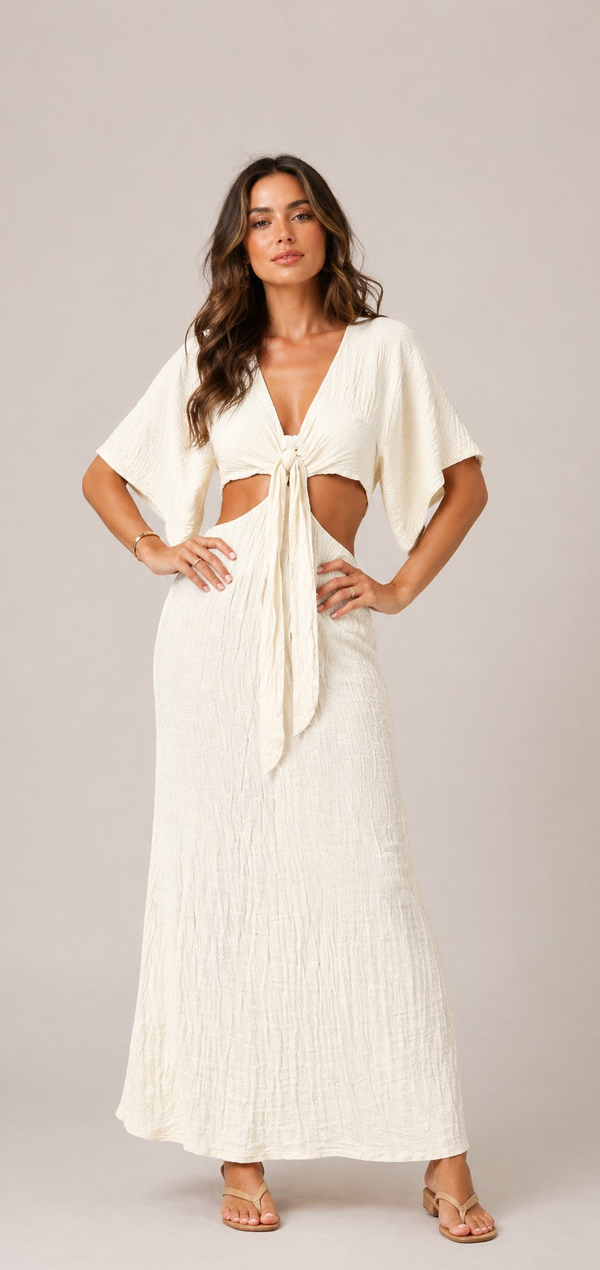 Women’s V-Neck Tie Front Cut-Out Maxi Dress