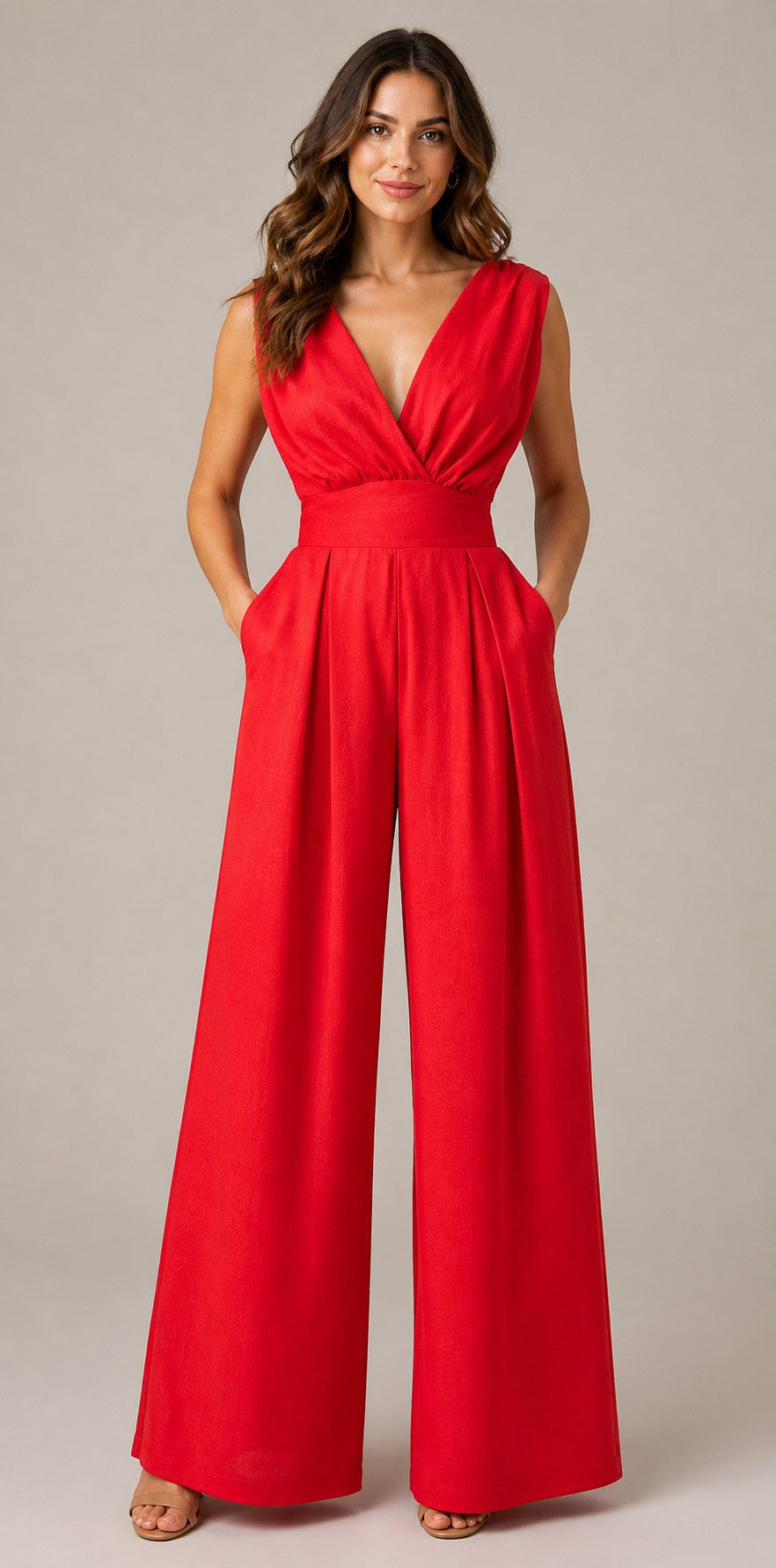 Women's Wide-Leg V-Neck Sleeveless Jumpsuit