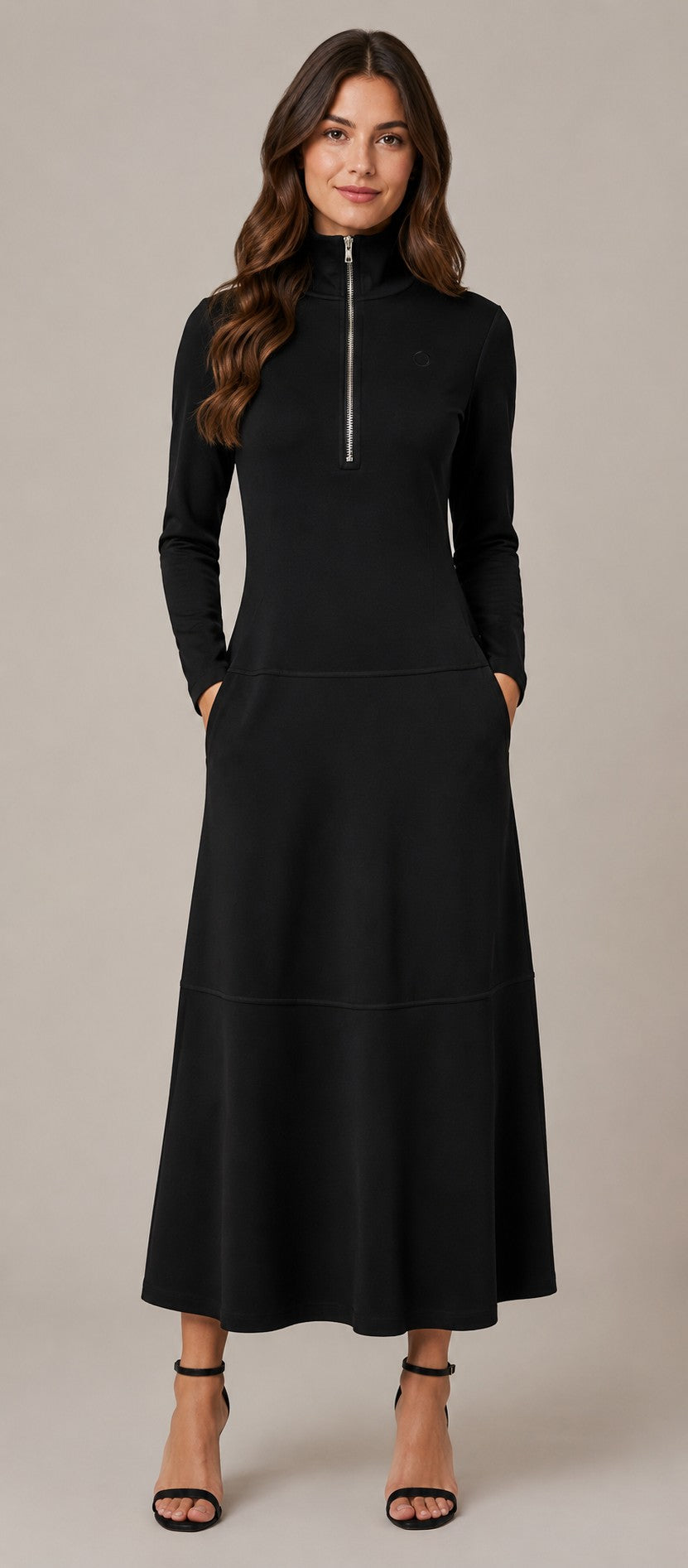 Women's Zip Neck Long Sleeve Midi Dress
