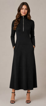 Women's Zip Neck Long Sleeve Midi Dress