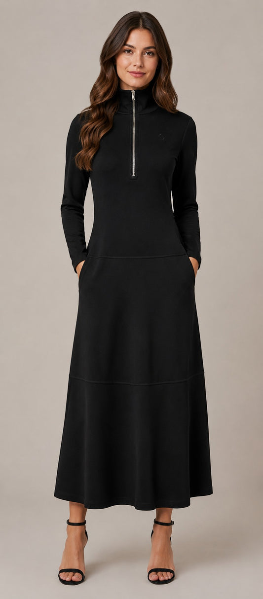Women's Zip Neck Long Sleeve Midi Dress