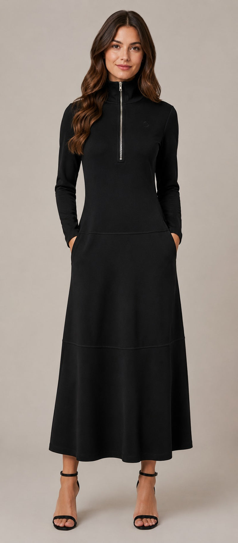 Women's Zip Neck Long Sleeve Midi Dress