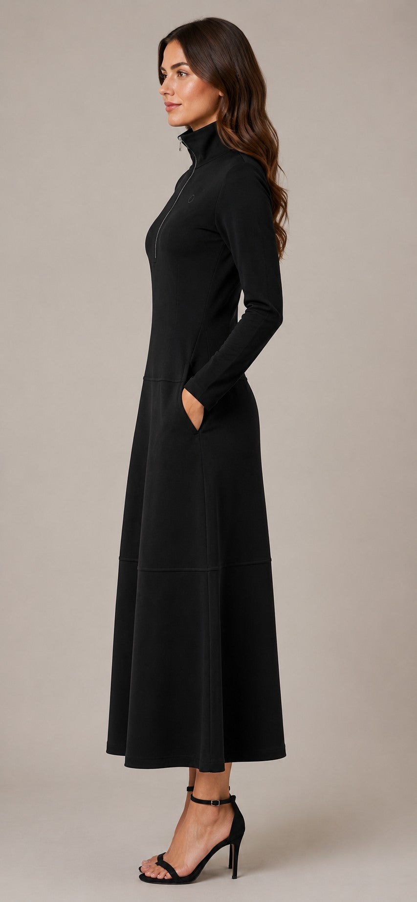 Women's Zip Neck Long Sleeve Midi Dress