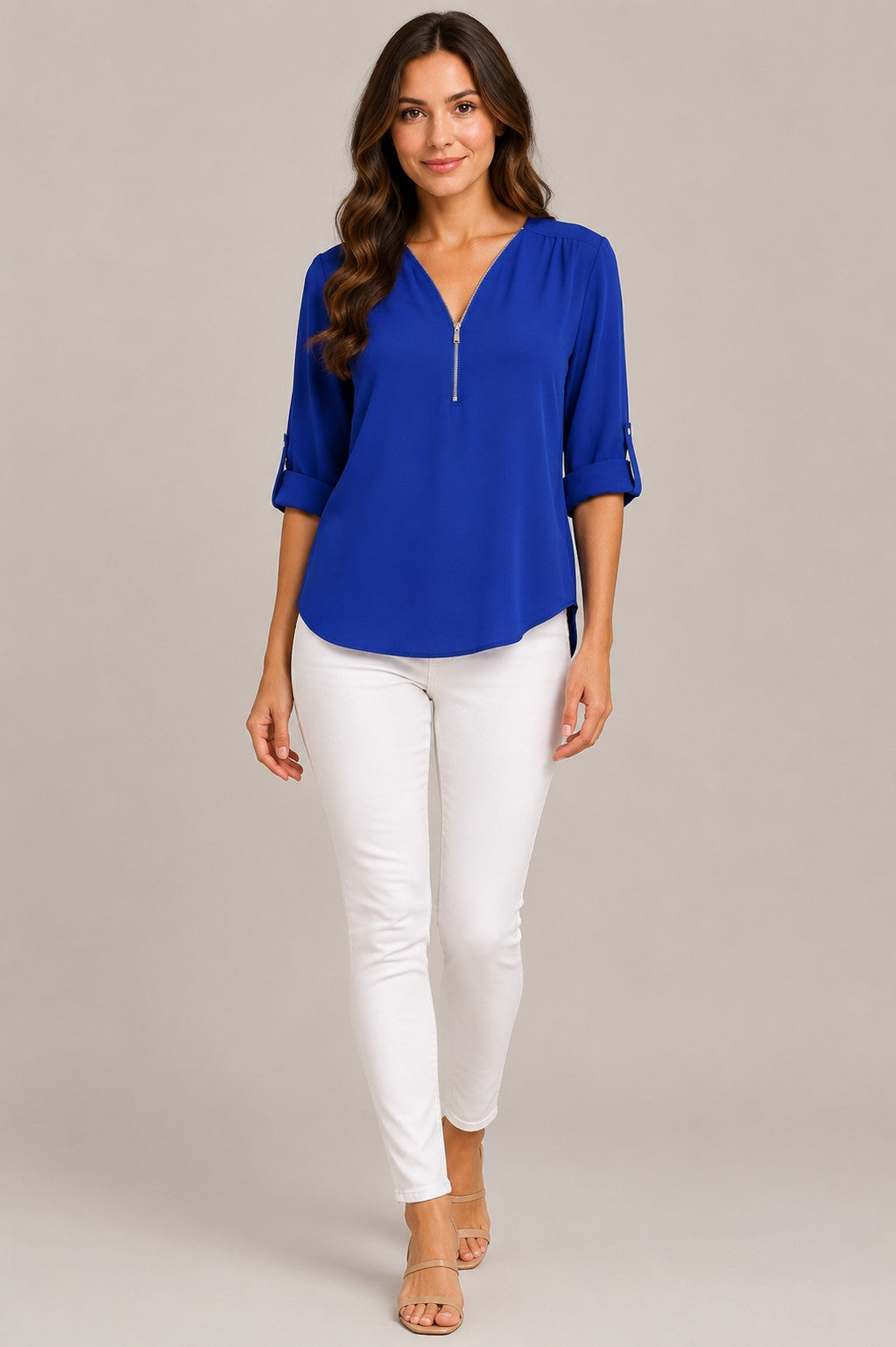 Women's Zip V-Neck Roll Sleeve Blouse