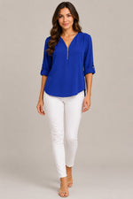 Women's Zip V-Neck Roll Sleeve Blouse