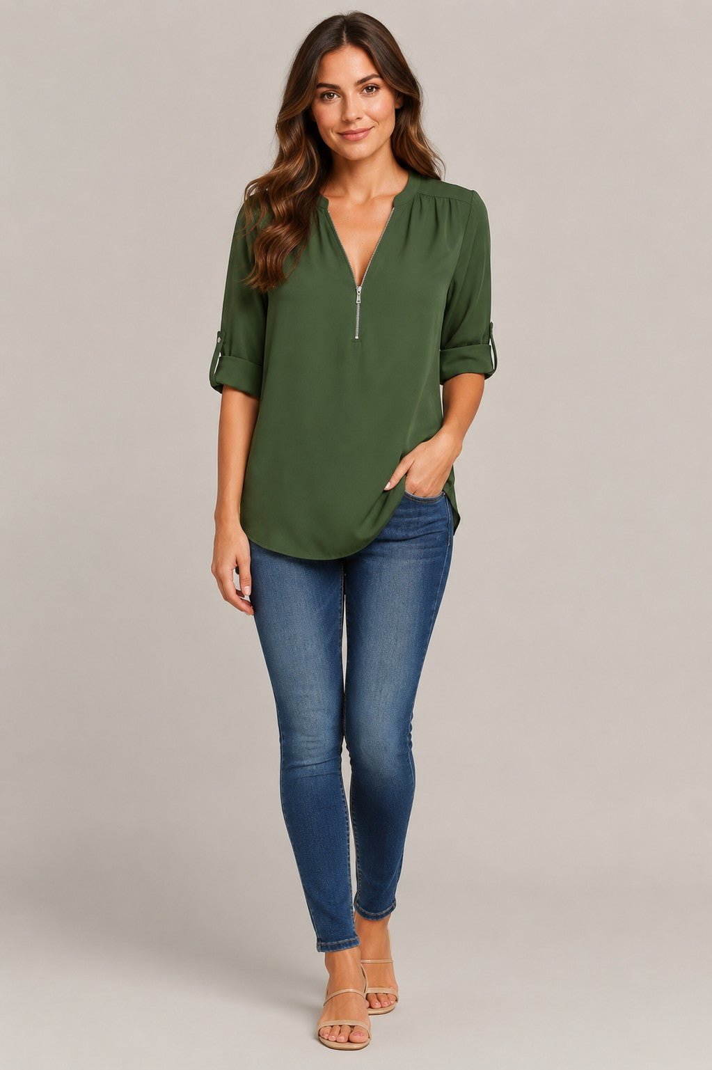 Women's Zip V-Neck Roll Sleeve Blouse