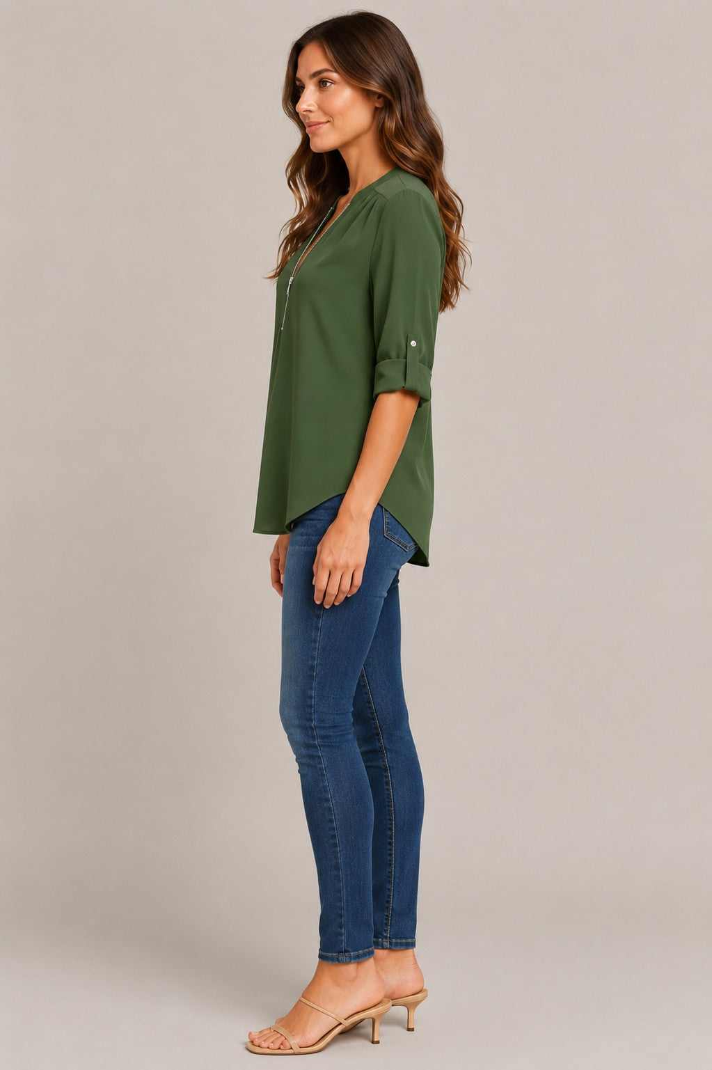Women's Zip V-Neck Roll Sleeve Blouse
