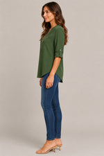 Women's Zip V-Neck Roll Sleeve Blouse