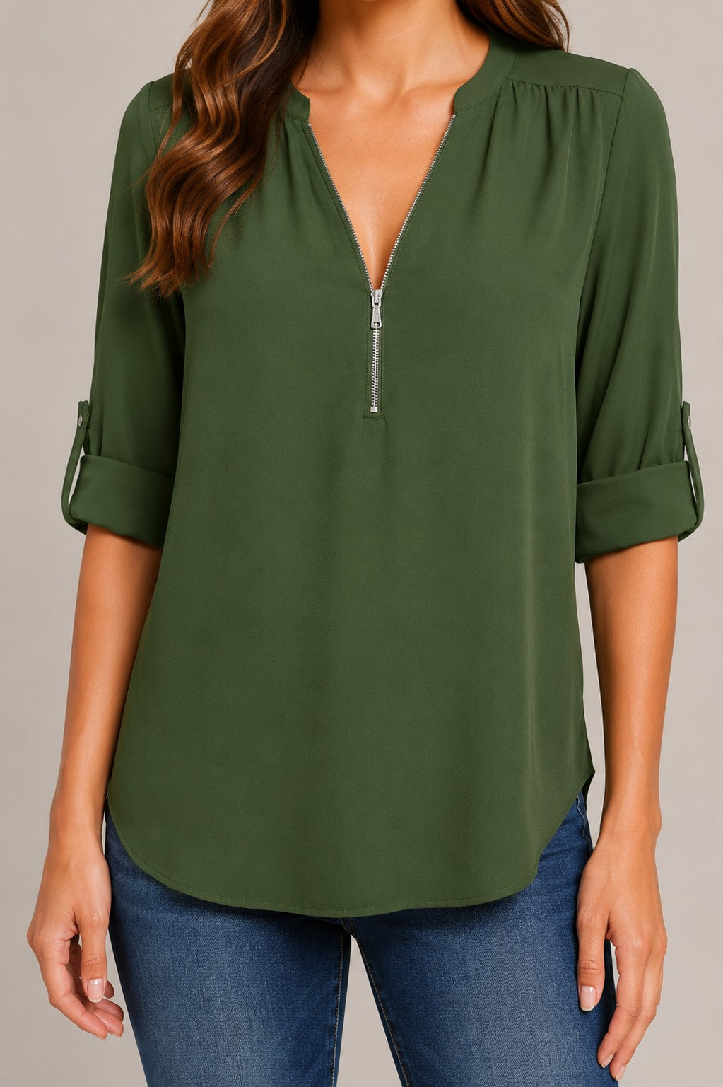 Women's Zip V-Neck Roll Sleeve Blouse