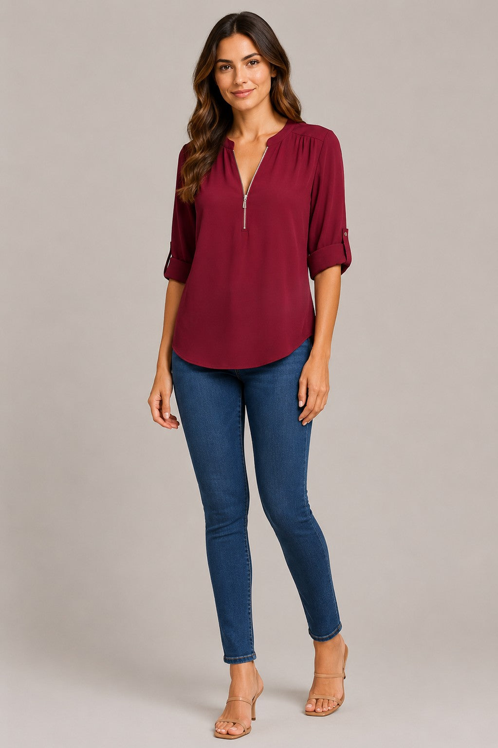 Women's Zip V-Neck Roll Sleeve Blouse