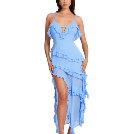Women's Ruffle Asymmetric Hem Maxi Dress